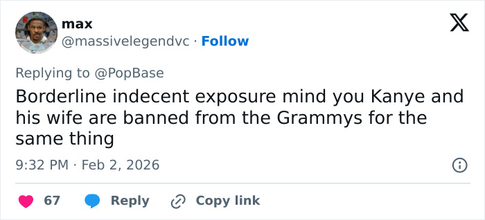 Tweet discussing Grammy controversy mentioning borderline indecent exposure and bans, related to Chappell Roan Grammys look outrage.