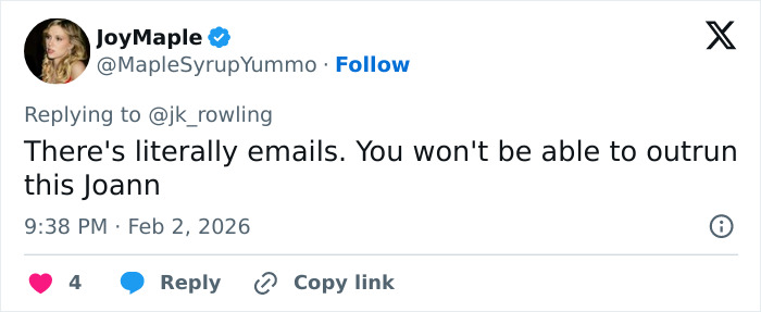 Screenshot of a tweet responding to J.K. Rowling amid Jeffrey Epstein accusations controversy.