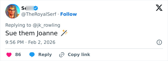 Tweet reply to J.K. Rowling mentioning her by name, with a supportive comment and magical wand emoji visible.