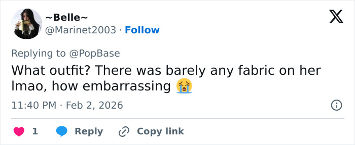 Screenshot of a social media comment criticizing Chappell Roan&rsquo;s Grammys outfit, sparking online outrage discussion.