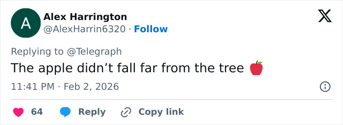 Tweet from Alex Harrington replying to Telegraph with the phrase about the apple not falling far from the tree and an apple emoji.