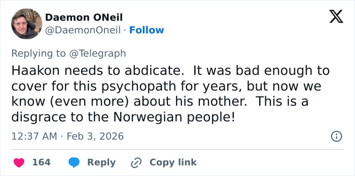 Tweet criticizing Norway's Crown Princess' son as he enters plea in court on horrific charges, calling for abdication.