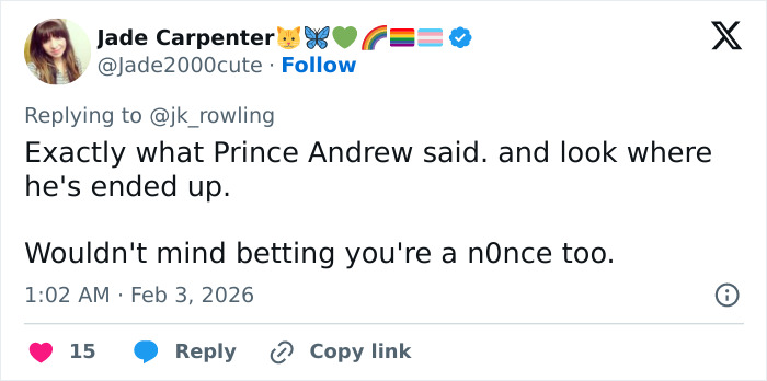 Tweet from Jade Carpenter replying to J.K. Rowling, referencing Prince Andrew and Jeffrey Epstein accusations in a social media discussion.