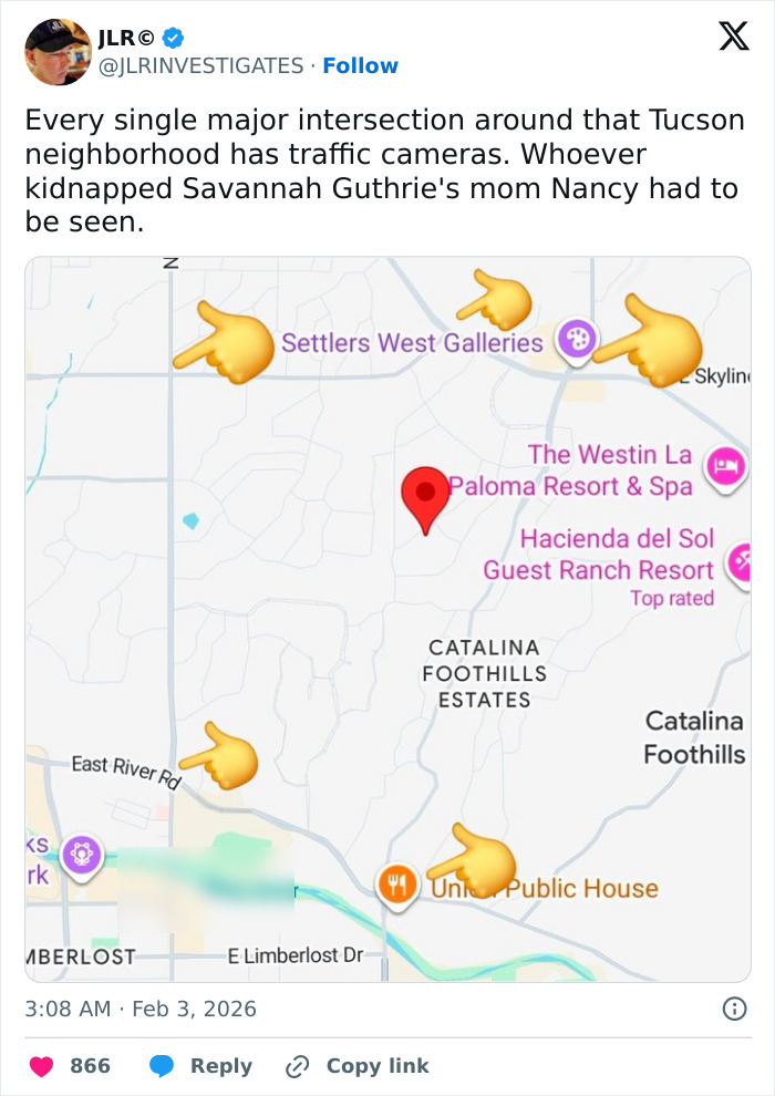 Map showing traffic camera locations around Nancy Guthrie's house with yellow hand emojis highlighting key intersections.