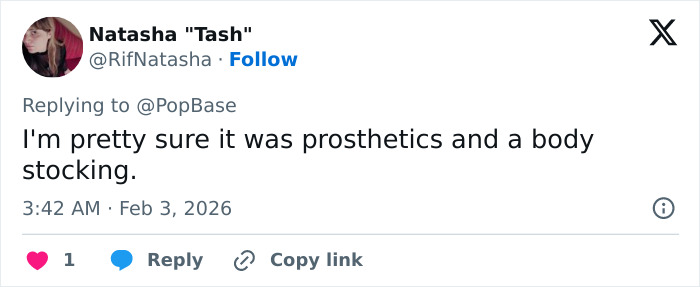 Screenshot of a Twitter reply discussing Chappell Roan&rsquo;s controversial Grammys look involving prosthetics and a body stocking.