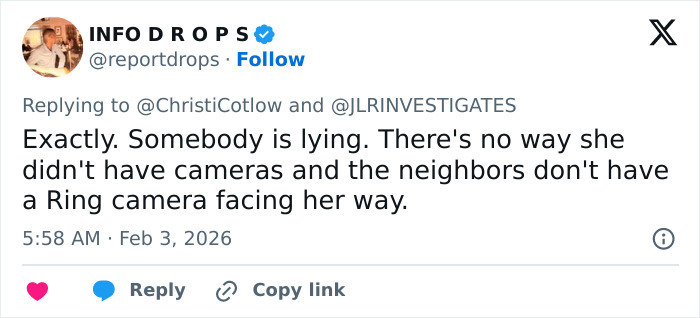 Tweet screenshot showing a discussion about cameras and a helicopter filmed above Nancy Guthrie’s house in a hostage negotiator theory.