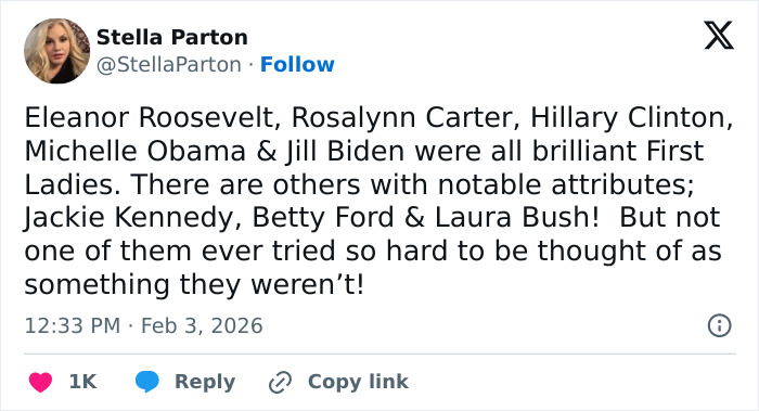 Tweet discussing opinions on Melania Trump compared to past First Ladies including Eleanor Roosevelt and Michelle Obama.