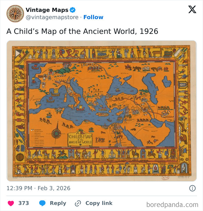 Vintage child’s illustrated map of the ancient world with detailed borders and historical figures, ideal for cool maps lovers.
