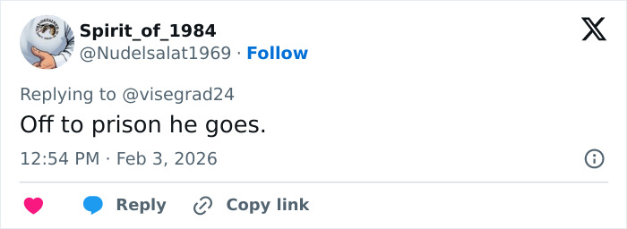 Twitter user Spirit_of_1984 replying about Norway's crown princess son heading to court on horrific charges.