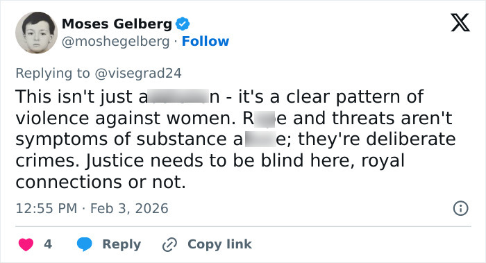 Tweet by Moses Gelberg discussing violence against women and the son of Norway's crown princess heading to court.