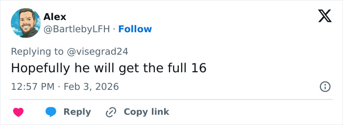 Twitter user Alex replying with a comment about sentencing related to Son of Norway's Crown Princess entering plea.