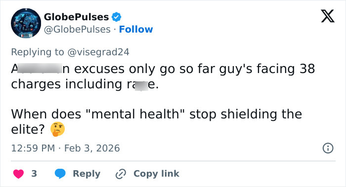 Tweet from GlobePulses discussing charges and mental health, related to Son of Norway's Crown Princess heading to court.