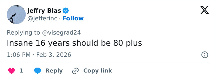 Twitter post by Jeffry Blas commenting on sentencing, with profile picture and timestamp shown.