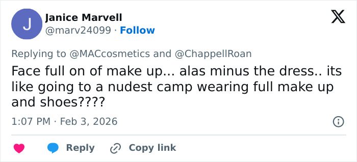 Screenshot of a tweet discussing Chappell Roan&rsquo;s makeup artist and the controversy behind her Grammys dress.
