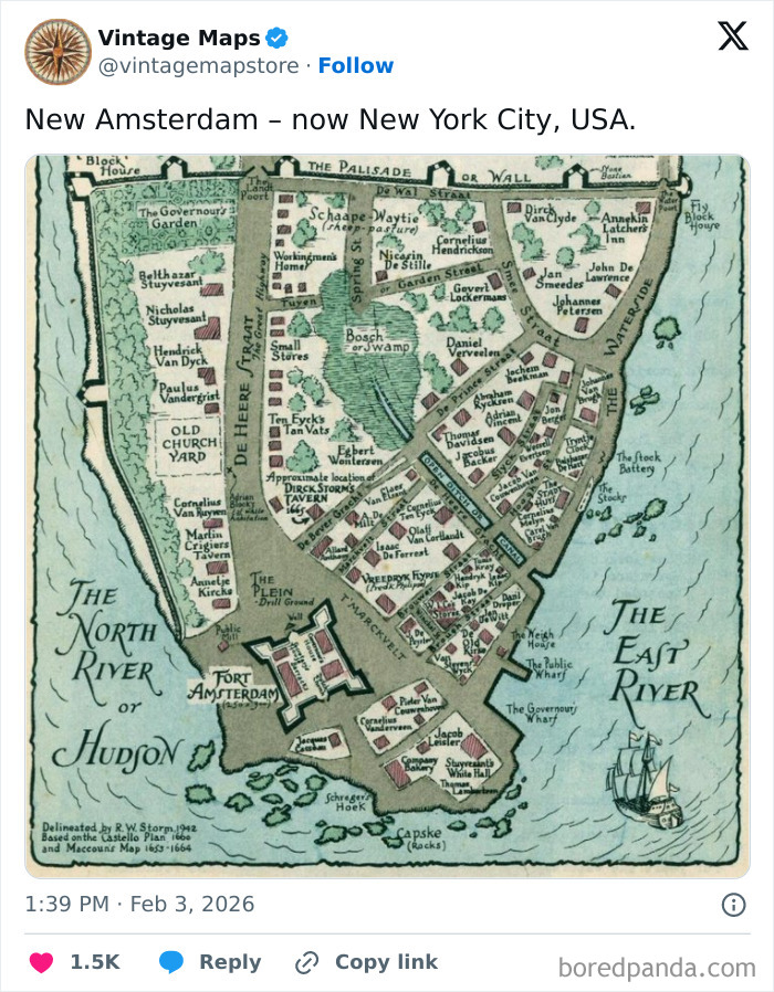 Vintage map of New Amsterdam, now New York City, showcasing historical details for cool maps and cartography enthusiasts.
