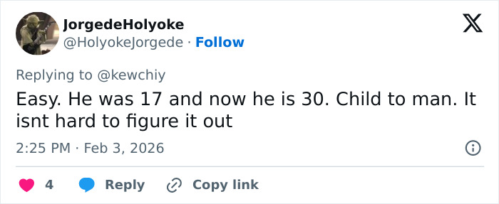 Twitter reply text discussing age transformation, related to Bad Bunny's immaculate transformation after Grammy win.