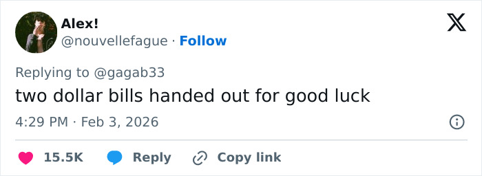 Tweet explaining two dollar bills handed out for good luck amid wild theories of celebrities spotted with $2 bills at the Grammys.