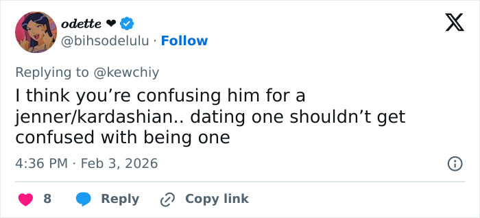 Tweet by user odette expressing confusion about someone being mistaken for a Jenner/Kardashian, mentioning dating and identity.