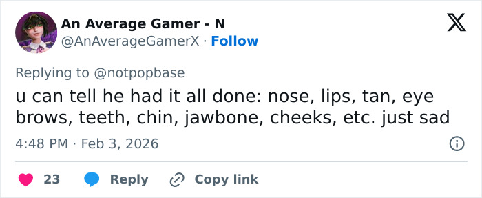 Social media comment discussing Bad Bunny's immaculate transformation with detailed facial feature changes after Grammy win.