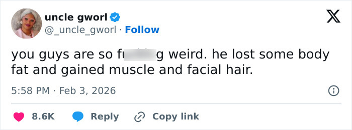 Tweet from user uncle gworl commenting on Bad Bunny’s immaculate transformation with body fat loss and new facial hair after Grammy win.