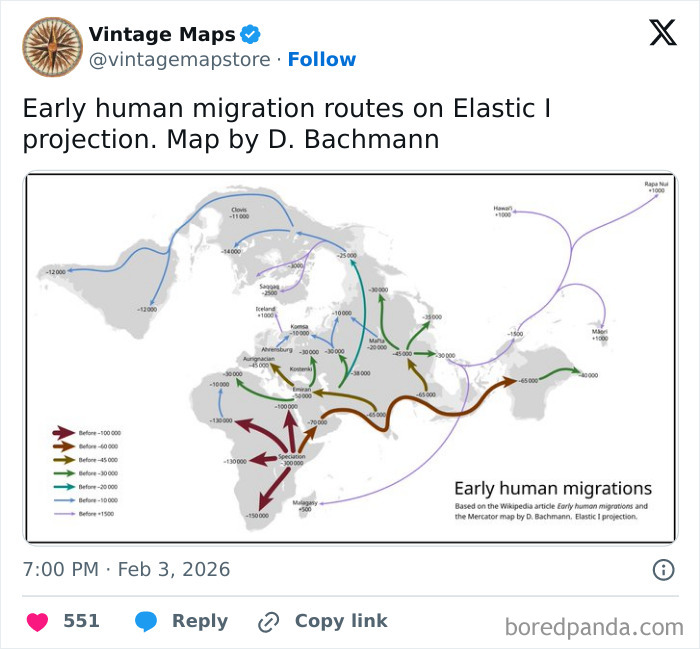 Map showing early human migration routes with color-coded arrows on a historical world map, a cool map for cartography fans.