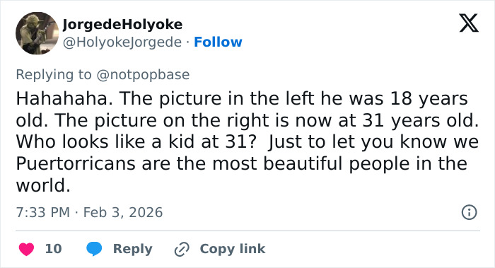 Tweet discussing Bad Bunny’s transformation from age 18 to 31, highlighting his immaculate look after Grammy win.