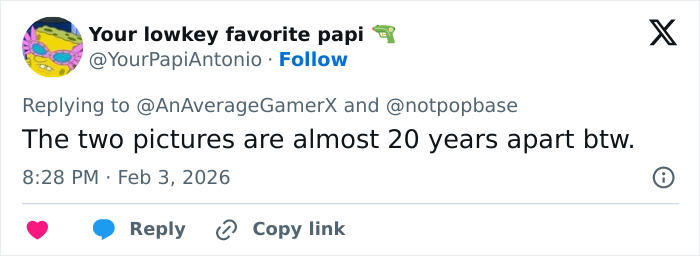 Tweet text from Your lowkey favorite papi noting the two pictures are almost 20 years apart, related to Bad Bunny's immaculate transformation.