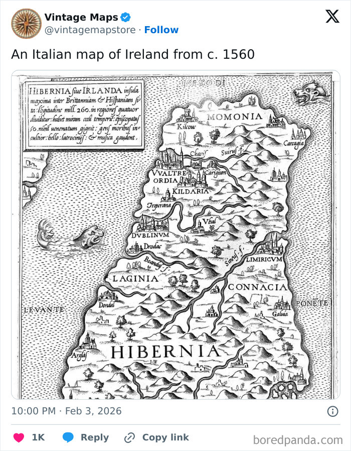 Vintage Italian map of Ireland from 1560 showing historical regions and landmarks in a detailed, artistic cartography style.