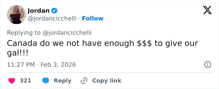 Screenshot of a tweet criticizing Tate McRae over Team USA Olympics ad amid controversy about her nationality.