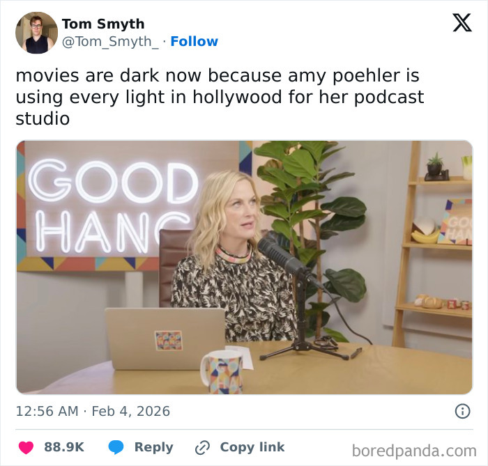 Amy Poehler recording a humorous podcast episode in a brightly lit studio, showcasing chaotic and hilarious X posts.