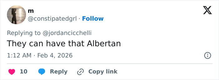 Tweet by user @constipatedgrl replying about Albertan nationality in a discussion related to Tate McRae Team USA Olympics controversy.