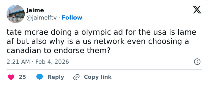 Screenshot of a tweet criticizing Tate McRae for appearing in a Team USA Olympics ad despite her Canadian nationality.