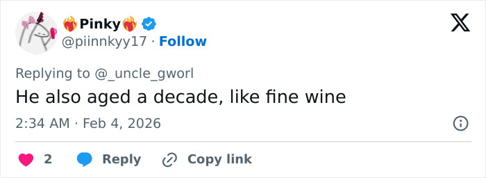 Tweet by Pinky commenting on Bad Bunny's transformation, highlighting his aged look since his historical Grammy win.