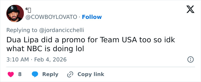 Tweet from user @COWBOYLOVATO commenting on Dua Lipa's promo for Team USA during the Olympics ad controversy.