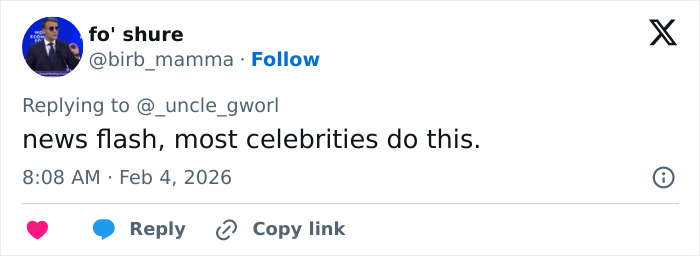 Twitter user replying to a comment about celebrities, discussing Bad Bunny's immaculate transformation after Grammy win.