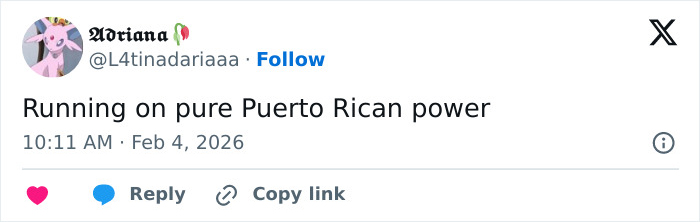Tweet text reading Running on pure Puerto Rican power, posted by user with an anime avatar, related to Bad Bunny's immaculate transformation.