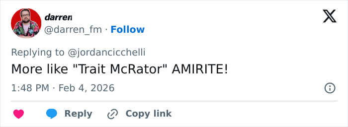 Tweet replying to @jordancicchelli humorously calling Tate McRae a traitor amid Team USA Olympics nationality controversy.