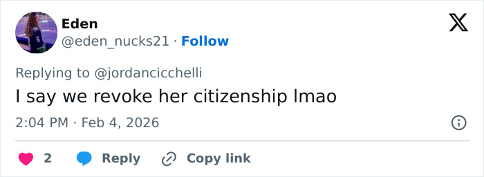 Tweet by Eden criticizing Tate McRae's nationality amid Team USA Olympics controversy, with user interface elements visible.