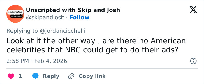 Tweet criticizing Tate McRae for Team USA Olympics ad after fans notice her nationality controversy.