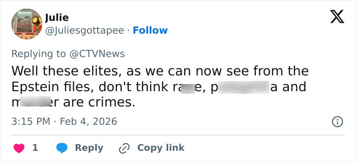 Tweet screenshot discussing crimes and elites, related to Son of Norway's Crown Princess breaking down in court over videos.