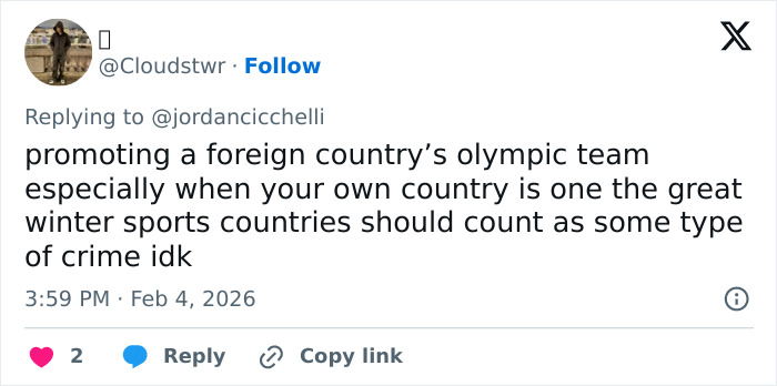 Tweet criticizing Tate McRae for promoting a foreign Olympic team after fans discover her nationality controversy.