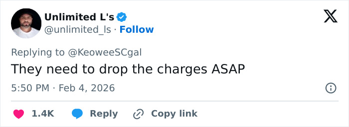 Tweet by Unlimited L's expressing support for vet tech charged after rescuing abandoned dog during snowstorm.