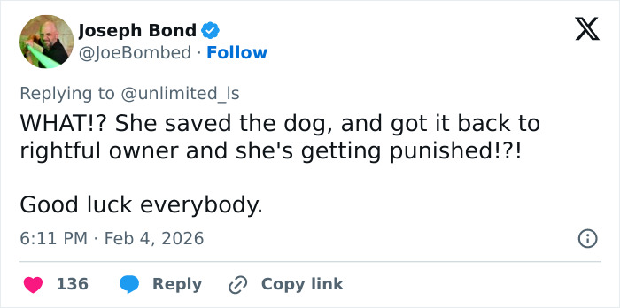 Tweet showing user shocked about vet tech charged and fired after rescuing abandoned dog during snowstorm.