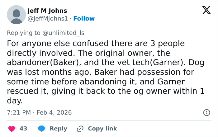 Tweet from Jeff M Johns explaining involvement of vet tech in rescuing abandoned dog during snowstorm and returning it to owner.