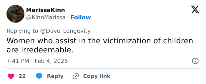 Screenshot of a tweet condemning the victimization of children, relating to Epstein&rsquo;s obsession with ex-girlfriend&rsquo;s daughter.