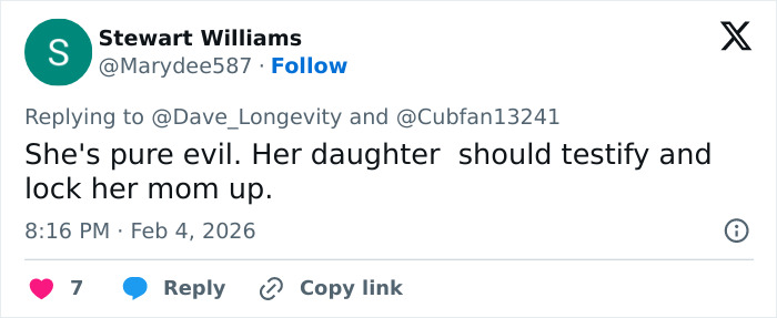 Twitter reply from Stewart Williams reacting to disturbing details about Epstein's obsession with ex-girlfriend's daughter.
