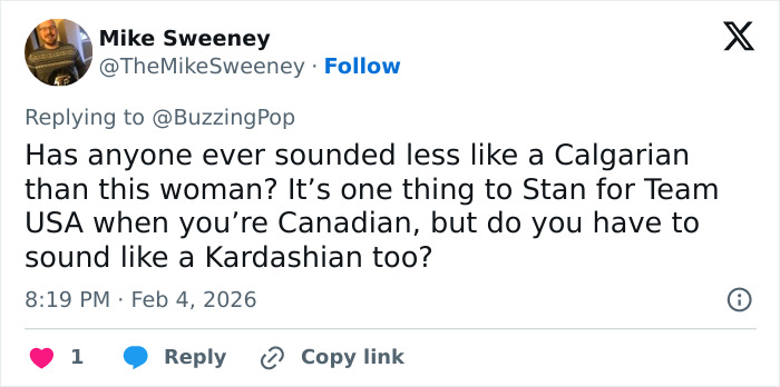 Tweet discussing Tate McRae and controversy over her nationality linked to Team USA Olympics ad backlash.