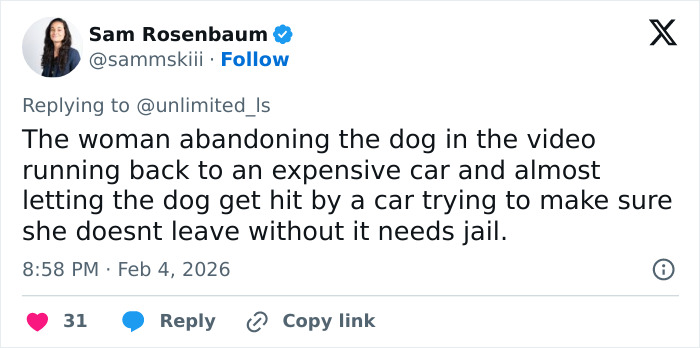 Tweet text from Sam Rosenbaum describing a woman abandoning a dog, related to vet tech charged after rescuing abandoned dog during snowstorm.
