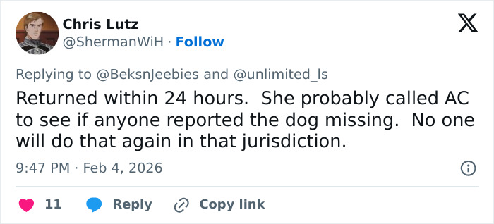 Tweet discussing a vet tech charged and fired after rescuing an abandoned dog during a snowstorm.