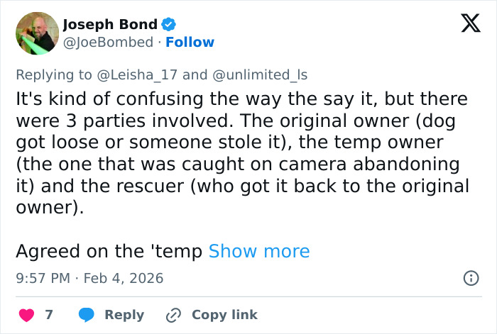 Tweet screenshot showing user Joseph Bond explaining the involvement of three parties in a dog abandonment case, related to vet tech charged and fired.